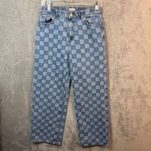 PacSun Jeans‎ Kids 14 Blue Checkered Smiley Face Wide Leg Denim Pants Streetwear